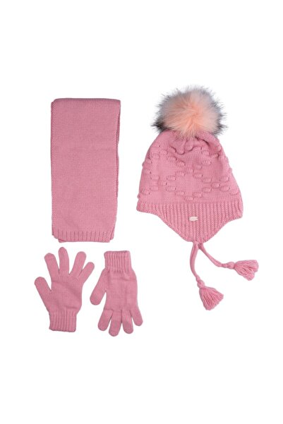 Kitti Rose Pink Color Kids Girls Triple Set Scarf Beanie Gloves Set