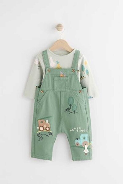 Next Baby Pamuklu Yeşil Çiftlik Desenli Salopet Body Zıbın Set