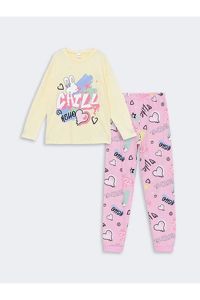 LC Waikiki Lcw Dream - Light Yellow Crew Neck Printed Girl's Long Sleeve Pajamas Set