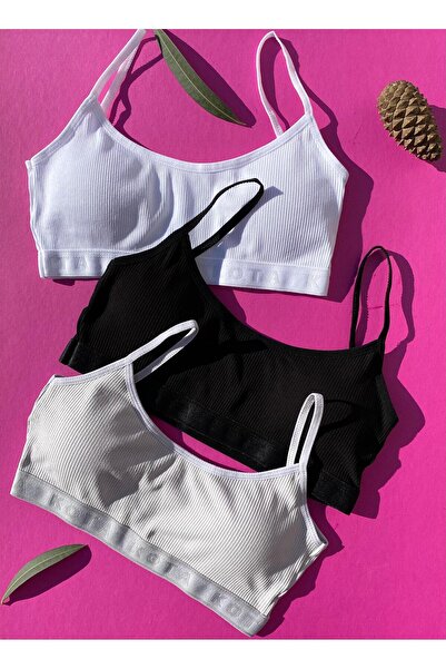 VicTroy Αθλητικό σουτιέν Camisole με λεπτές τιράντες, 3 τμχ βαμβακερά μαύρα, λευκά και γκρι αφαιρούμενα μαξιλαράκια