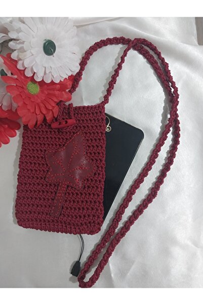 sorte store Makrome İpten El Örgüsü Handmade Bordo  Hakiki Deri Yaprak İşleme...