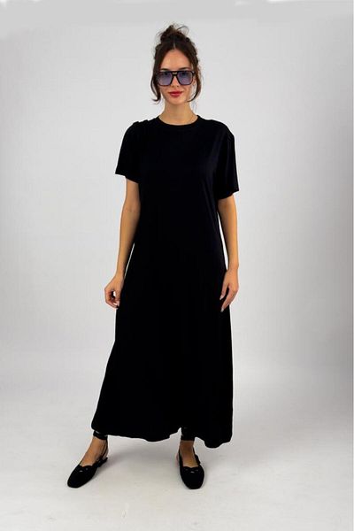 Betimoda Rochie de damă cu mânecă scurtă, viscoză, lungime midi, cu decolteu, neagră