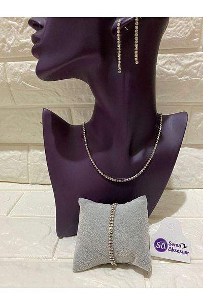 sema aksesuar Zircon Stone Detailed Silver Waterway Necklace and Bracelet Earring Set - Gift