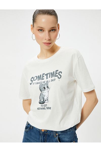 Koton Tricou pisică cu mânecă scurtă și decolteu roșu din bumbac