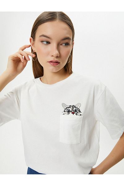 Koton T-Shirt mit Katzenmotiv, Tasche, Detail, kurzärmlig, Rundhalsausschnitt, Baumwolle