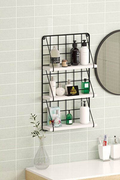 Cosargroup 3 Katlı Dekoratif Duvar Rafı  Metal Banyo Rafı  Banyo Makyaj Organizer Ahşap Raf Düzenleyici Beyaz