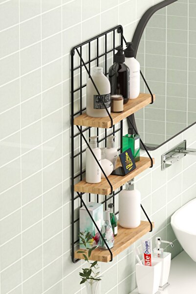 Cosargroup 3 Katlı Dekoratif Duvar Rafı  Metal Banyo Rafı  Banyo Makyaj Organizer Ahşap Raf Düzenleyici Çam