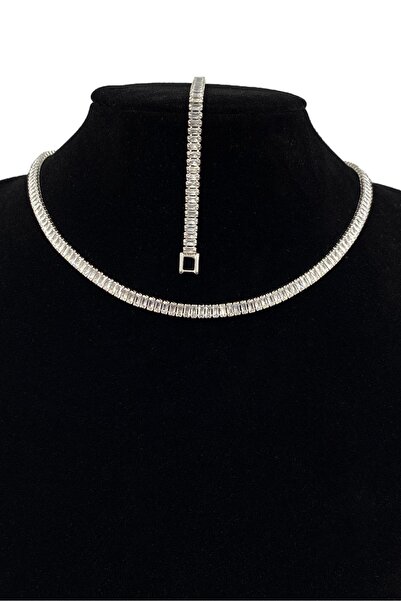 MOSSMOUR Kadın Zirkon Baget Taşlı Gümüş Su Yolu Kolye Bileklik Set