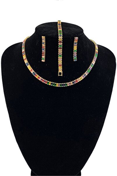 MOSSMOUR Kadın Renkli Zirkon Baget Gold Su Yolu Kolye Küpe Bileklik Kuyumcu S...