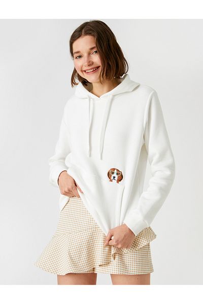 Koton Hooded FleeceSweatshirt- Embroidered Detail and Kangaroo Pocket