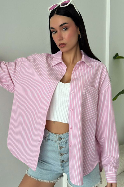 CoolLook Oversize Çizgili Manşetli Katlanabilir Uzun Kollu Geniş Kesim Ek Göğ...