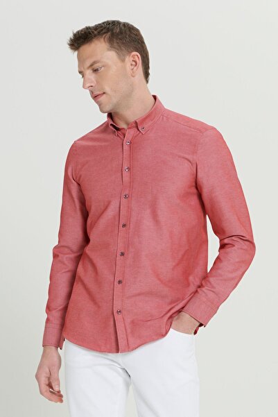AC&Co / Altınyıldız Classics Ανδρικό πουκάμισο Oxford Claret Red Slim Fit - Εύκολο σιδερένιο, γιακά με κουμπιά, βαμβακερό