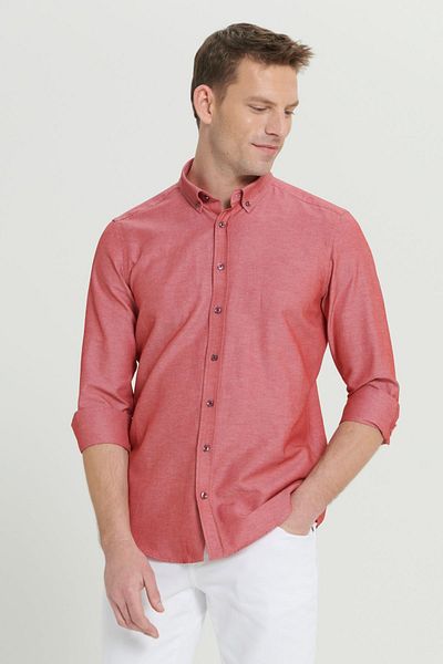 AC&Co / Altınyıldız Classics Ανδρικό πουκάμισο Oxford Claret Red Slim Fit - Εύκολο σιδερένιο, γιακά με κουμπιά, βαμβακερό