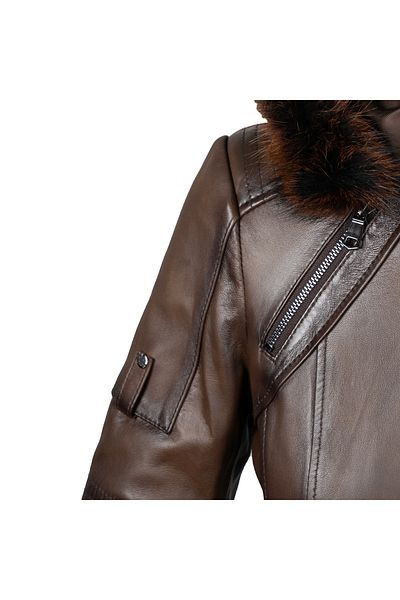 EGE DERİ 100% Genuine Lambskin Hazelnut Brown Fur Hooded Topcoat for Women