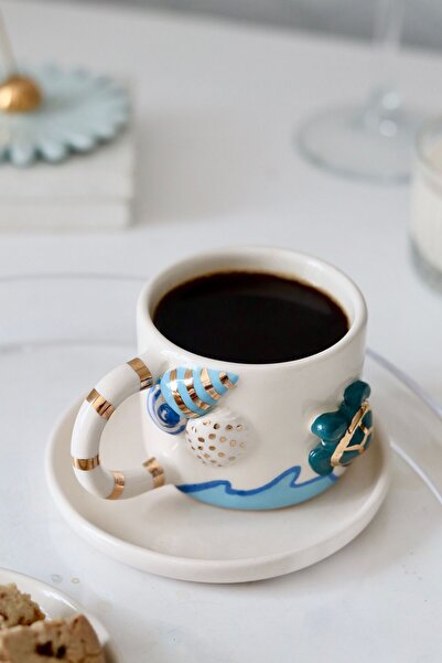 ada mia seramik El yapımı Okyanus Temalı Seramik Mug 24K Gerçek Altın Dekorlu 170ml