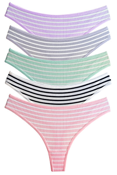 Cottonhill Pack of 5 Cotton Striped Camisole Women's Thong Panties