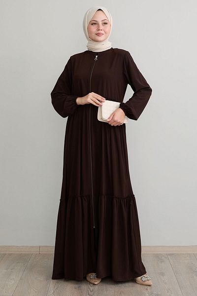 InStyle Bitter Brown Zippered Gather Detailed Ferace