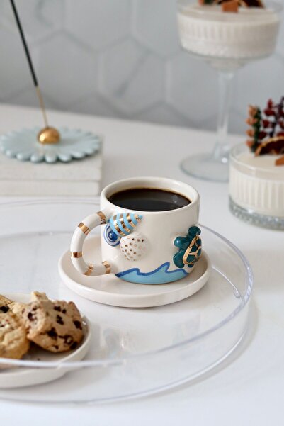 ada mia seramik El yapımı Okyanus Temalı Seramik Mug 24K Gerçek Altın Dekorlu 170ml