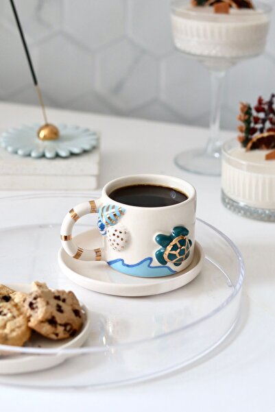 ada mia seramik كوب سيراميك بطابع المحيط - ديكور ذهبي حقيقي عيار 24 قيراط، 17...