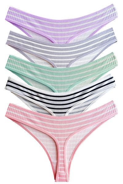 Cottonhill Pack of 5 Cotton Striped Camisole Women's Thong Panties