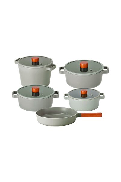 NEOFLAM Fika Gray Aluminum Casting Glass Lid 9 Piece Pot & Pan Set 18d22k22d24k24t