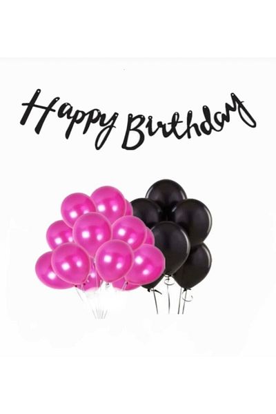 Deniz Party Store Black Happy Birthday - Pink Birthday Calligraphy Text and Fuchsia Balloon Set