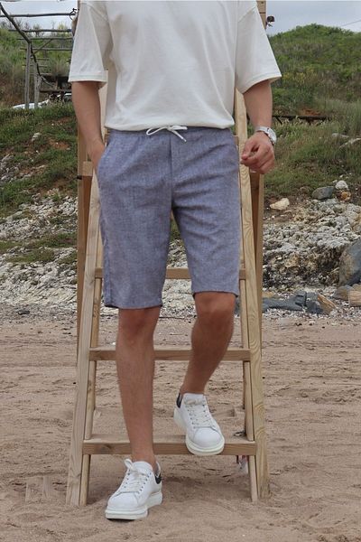 inpool Men's Summer Cotton-linen Elastic Waist Pocket Shorts & Bermuda