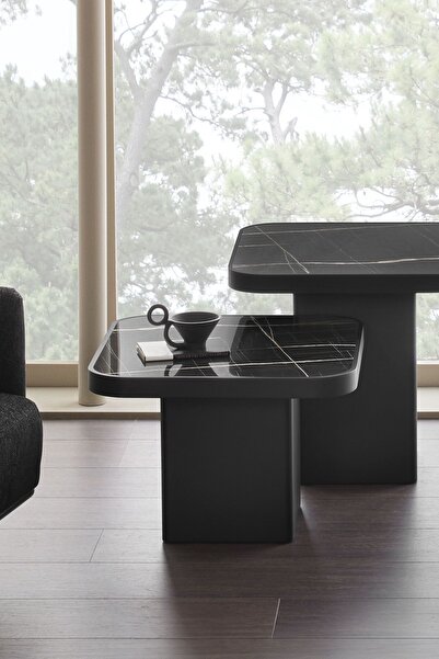 Enza Home Valio Kısa Yan Sehpa, Mermer Desenli - Siyah