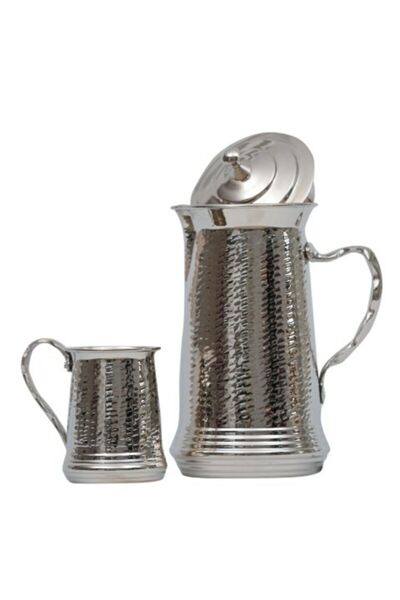 HASBEDESTEN Bakır Sürahi Kupa 2 Li Takım Gümüş Renk