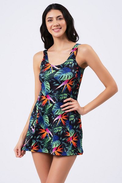 vawensea Women's Tropical Print Lycra Dress and Swimsuit Set with Shorts