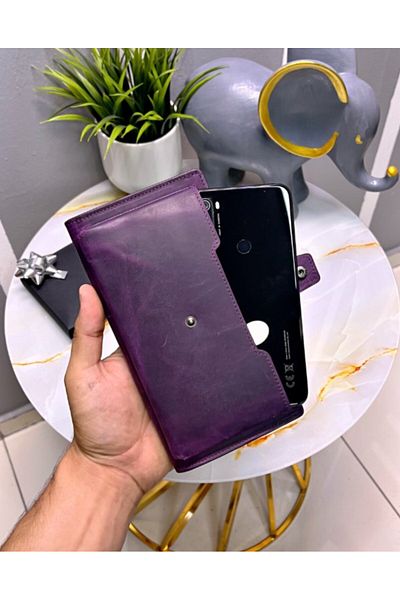 Fil Deri Genuine Leather Large Compartment Phone Wallet with Handle