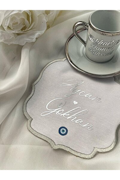 Renna Söz & Nişan Tepsisi Için Söz Mendili Kişiye Özel Kenarları Nakışlı Nazar Boncuk Baskılı