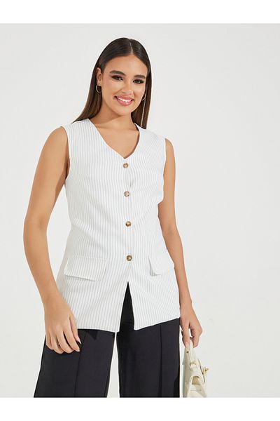 Styli Pinstriped Longline Waistcoat with Mock Pocket