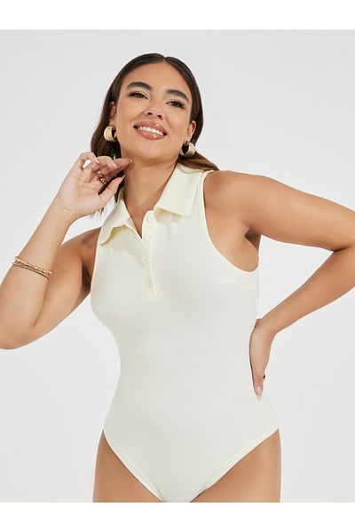 Styli Solid Sleeveless Knit Collared Bodysuit