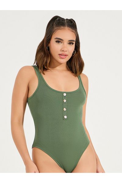 Styli Rib Tank Bodysuit with Button Detail