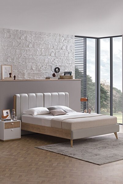 Enza Home Polka Başlıklı Karyola - Açık Yeşil, Keten Dokulu Kumaş