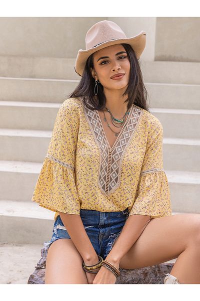 Russty Dustty By Styli Floral Print Lace Insert Top