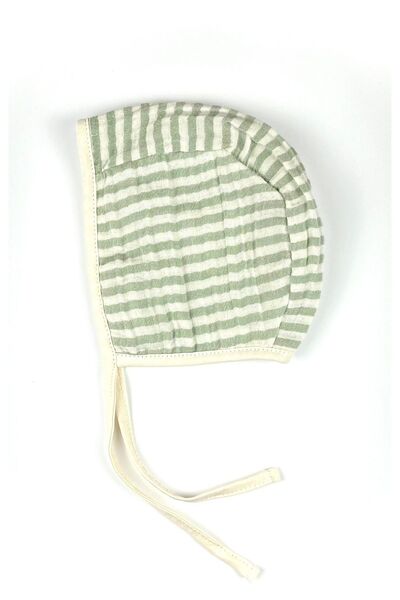 runbaby Çift Kat Müslin Çift Taraflı Bebek Bonnet Şapka (3-9 AY) - Yeşil Çizgili