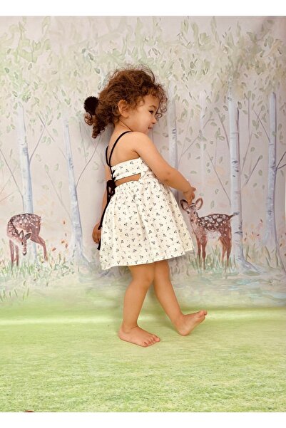 Kidsabu Kız Çocuk Sırt Ip Detaylı Daisy Elbise - Bebek Elbisesi Minik Çiçek Desenli %100 Pamuk -