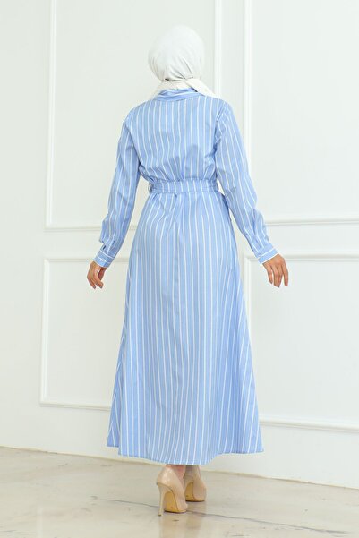 Eliva Baby Blue Satin - Μακρύ Λευκό Ριγέ Μουσουλμανικό Φόρεμα