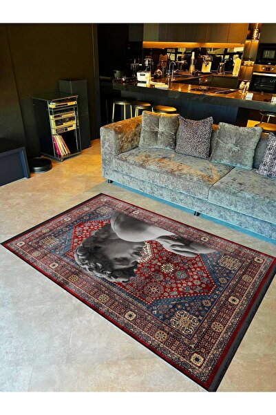 Rugs Modern Halı Kırmızı Mavi Tema Heykel ve Geleneksel Desenli Vintage Dekor...
