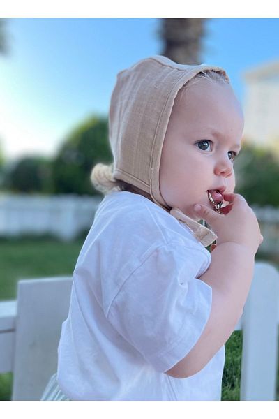 runbaby 3-12 Months Beige Baby Bonnet - Double Layer and Muslin Double Sided Hat