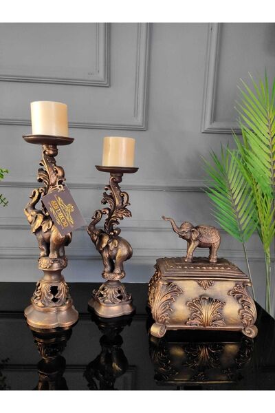 SZN DEKOR 3'lü Konsol Seti,filli Konsol Seti, Ikili Şamdan Filli Kutu, Ev Hediyesi Ve Dekorasyonu