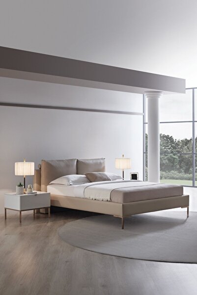 Enza Home Legato Çift Kişilik Başlıklı Karyola 2'li Set,suni Deri - Krem