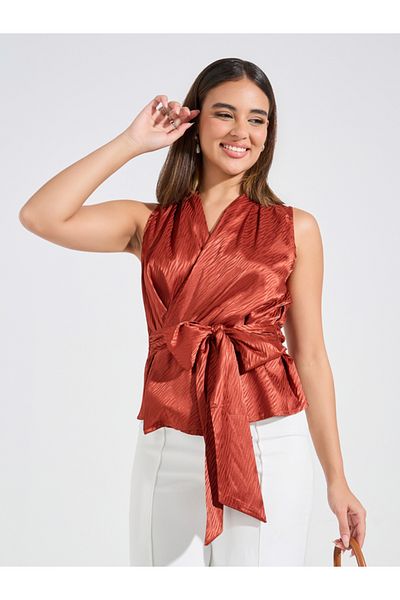 Causey By Styli Jacquard Satin Wrap Top with Tie Waist