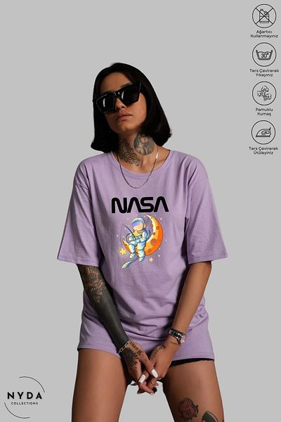 Nyda Collections Nasa Space Printed Unisex Βαμβακερό μπλουζάκι Oversize - Crew λαιμόκοψη, κοντό μανίκι