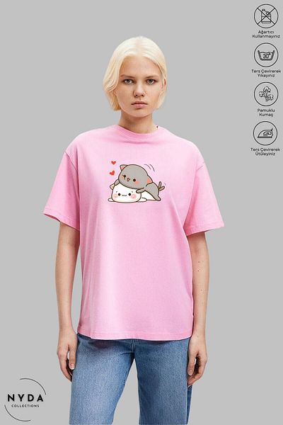Nyda Collections Μπλουζάκι με λαιμόκοψη Unisex βαμβακερό oversize - Bubu Dudu Hugging Heart Print, κοντό μανίκι