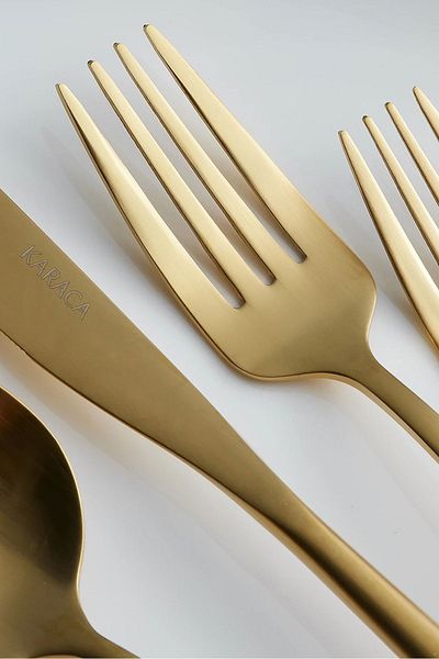 Karaca Orion Mattgold 30-teiliges Gabel-, Löffel- und Messerset für 6 Personen