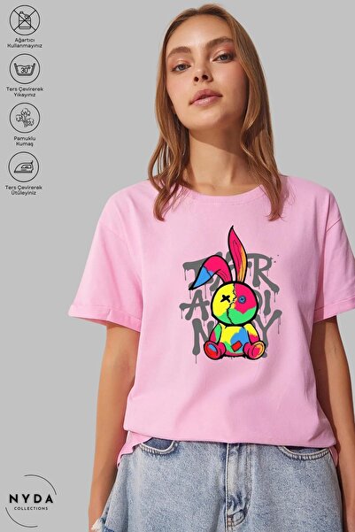 Nyda Collections Tricou oversize din bumbac unisex cu imprimeu iepure - Gât c...