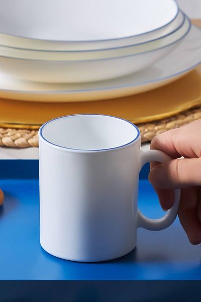 Karaca Milano Opal Glass Blue Rim Mug 320 ml